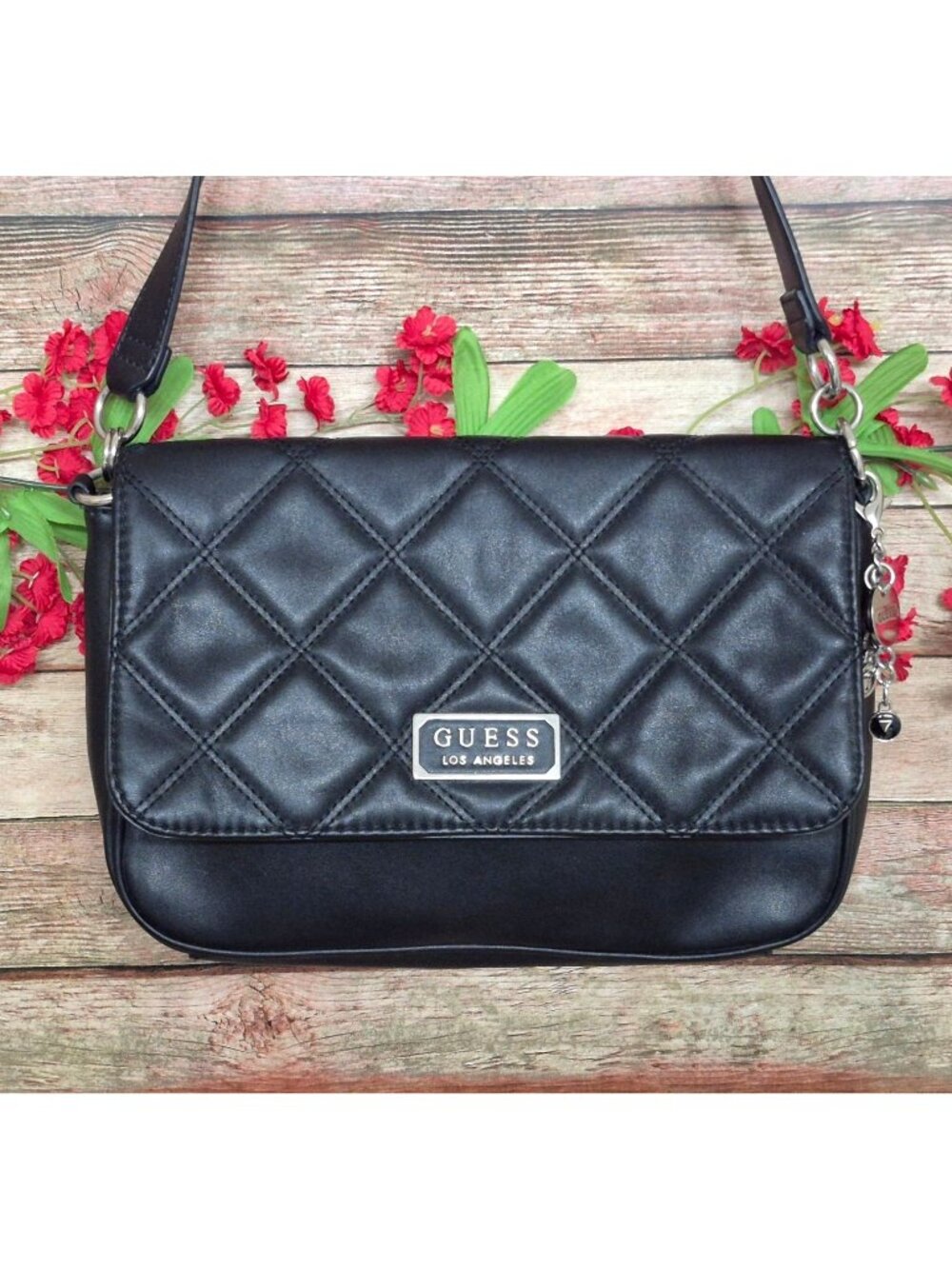 GUESS Los Angeles Black Quilted Crossbody Shoulder Bag Purse Charm Silver